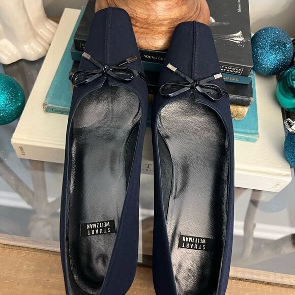Stuart Weitzman Navy Blue Fabric Heel Pumps  Bows SZ 7 AA - Picture 1 of 11